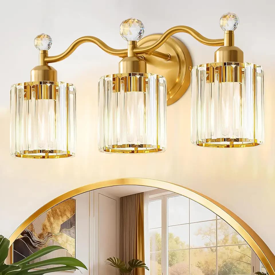 Bathroom Vanity Light Fixtures 3-lights, Gold Crystal Vanity Lights for Bath, Bathroom Lights Fixture with Clear Crystal Glass Shade, Modern Wall Light over Mirror, Wall Sconces Light for Hallway
