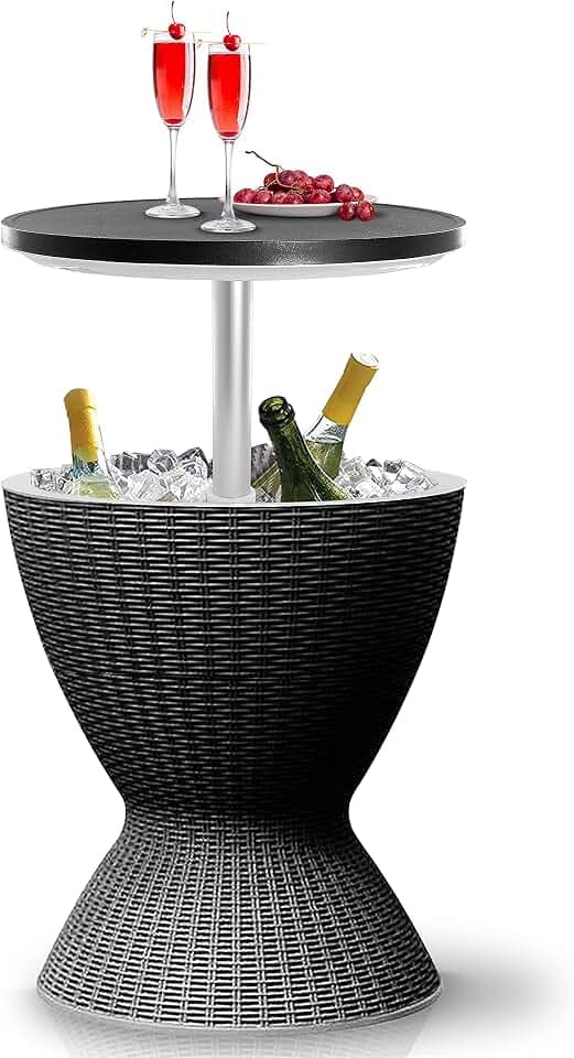SereneLife Outdoor Cool Bar Table, 7.5 Gallon Beer and Wine Cooler, Patio Furniture & Hot Tub Side Table, Beverage Cooler, All-Weather Resistant Ice Cool Bar, Rattan Style Patio, Cocktail Bar (Black)