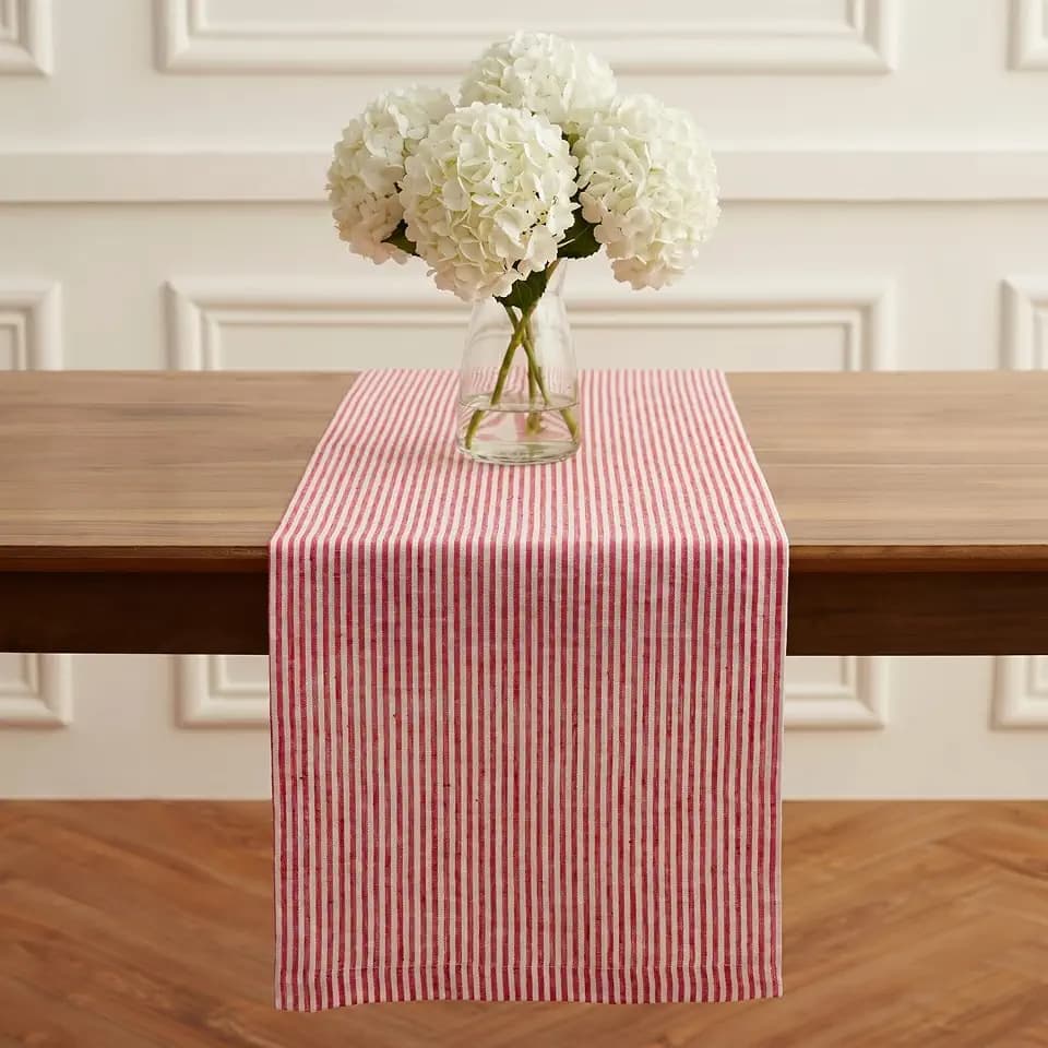 Solino Home 100% Pure Linen Table Runner, 14 x 120 in, Red and White Stripe