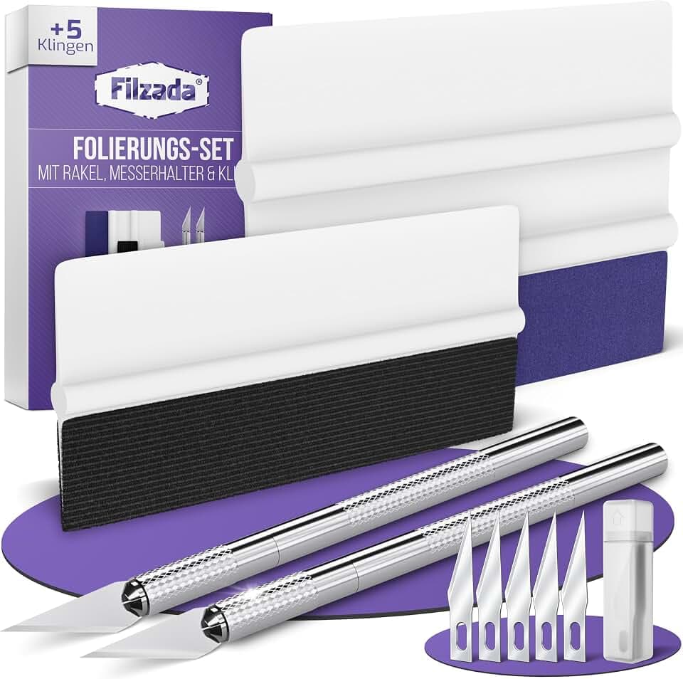 Filzada® Rakel Folie XXL Set - Folierungs Werkzeug mit Filzkante Profi | Filzrakel & Alcantara Rakel Set zum Folieren - Nass- & Trockenfolierung blasenfrei - inkl. 2 Präzisionsmesser + 7 Klingen
