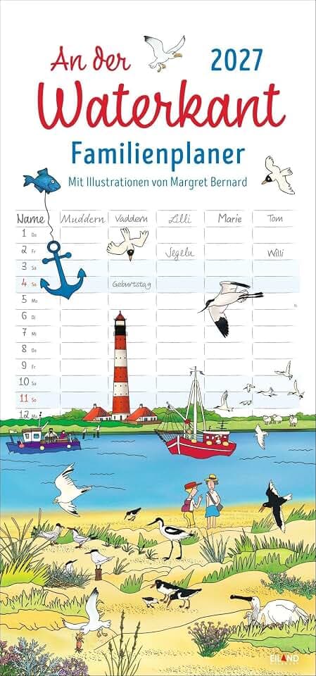 An der Waterkant Familienplaner 2027 - Margret Bernard: Familienkalender mit 5 Spalten. Liebevoll illustrierter Familien-Wandkalender mit Schulferien. Wandplaner 2027 für Nordsee- und Ostsee-Fans.
