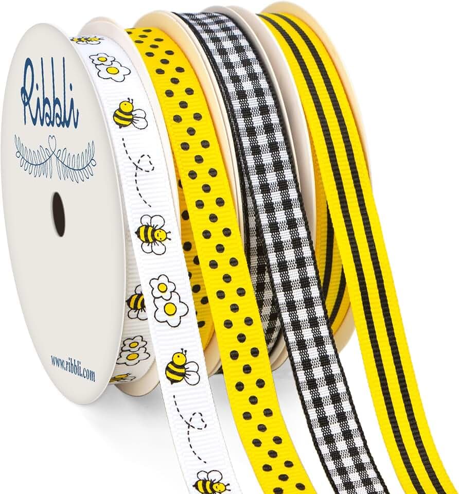 Ribbli Bumble Bee Ribbon,Bee/Polka Dots/Black Gingham/Yellow Black Stripe Ribbon Use for Hair Bows,Wreath,Gift Wrapping 3/8 Inch Total 120 Feets (40 Yards)