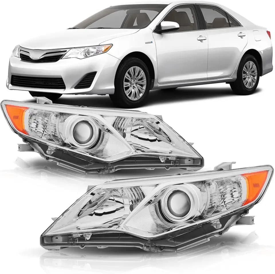 Headlight Assembly Compatible with 2012 2013 2014 Toyota Camry L/LE/XLE/Hybrid Halogen Headlamp, Chrome Housing Amber Reflector