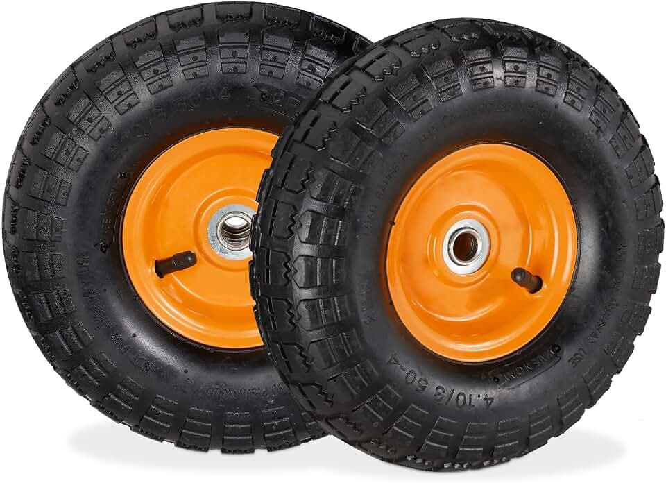 Relaxdays Sackkarrenrad 2er Set, 4.10 3.50-4, luftbereift, schwarz/orange