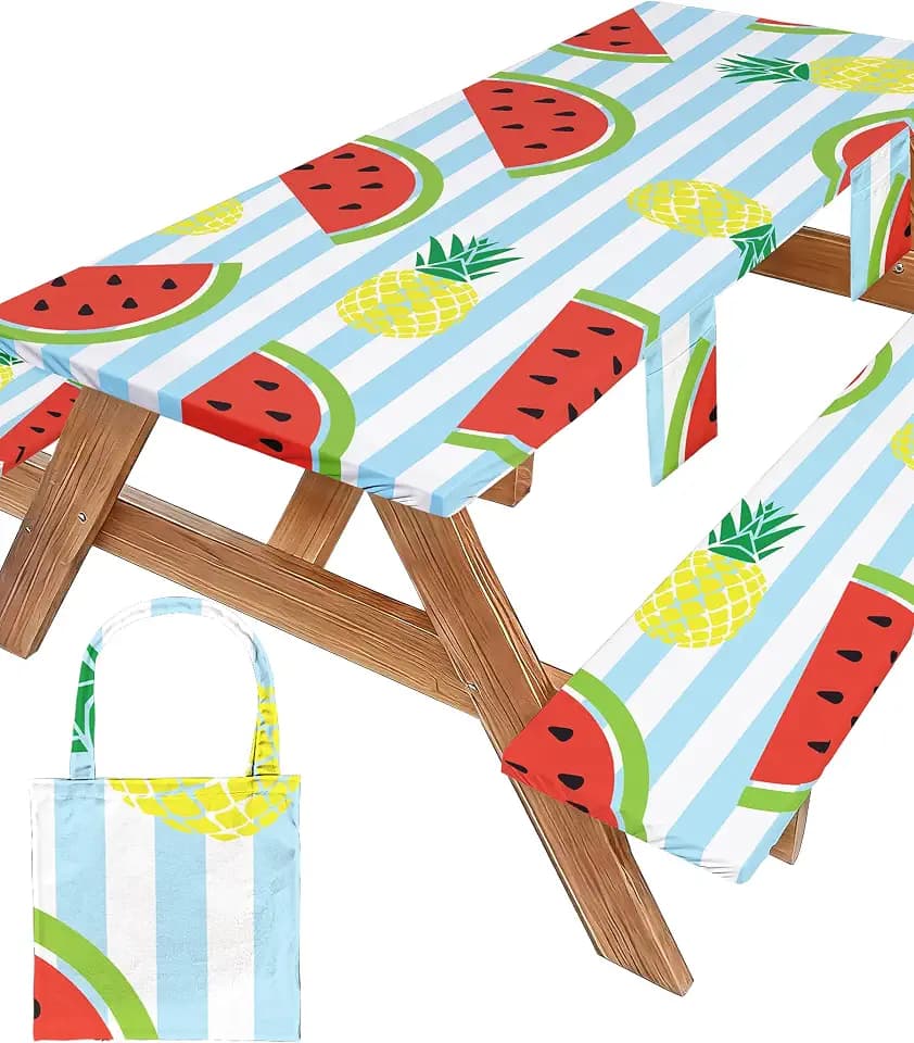Picnic Table Cover with Bench Covers Waterproof Elastic Rectangle Tablecloth Camper Essentials Supplies Rv Car Travel Gear Must Haves Accessories Fitted Table Cloth Outdoor Road Trip Camping Gifts 6ft