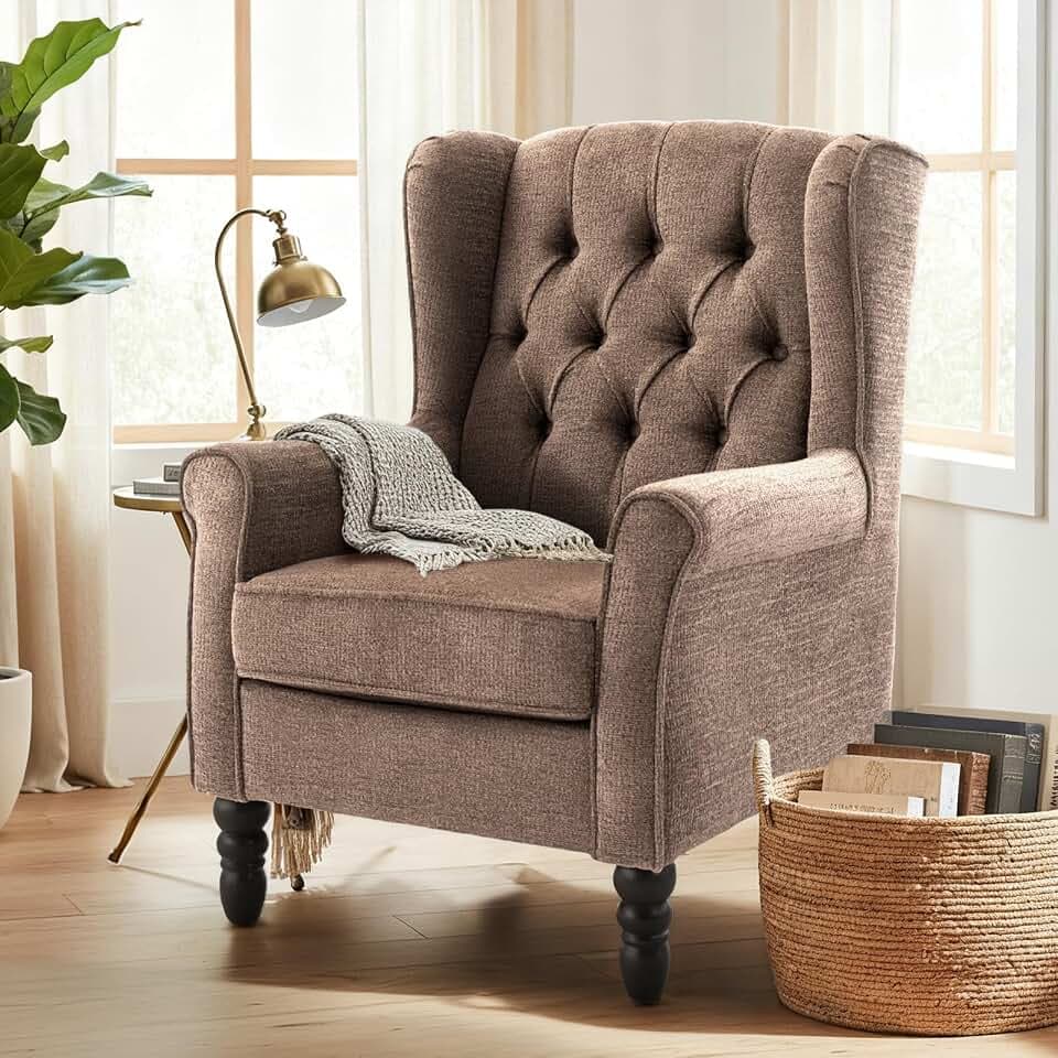 COLAMY Mid-Century Modern Sessel Wohnzimmer, Gepolsterter Wingback-Sessel mit Knopfsteppung, loungesessel Bezug aus Gewebe mit Massivholzbeinen für Wohnzimmer, Büro, Café - Braun