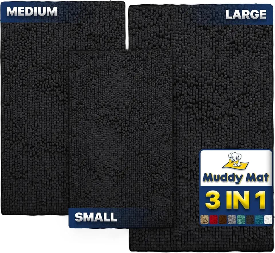 Muddy Mat® Pack of 3 Highly Absorbent Microfiber Dog Door Mat and Pet Rug, Non Slip Thick Washable Area Mat Soft Chenille for Kitchen Bathroom Bedroom and Outdoor - Black Small, Medium & Large