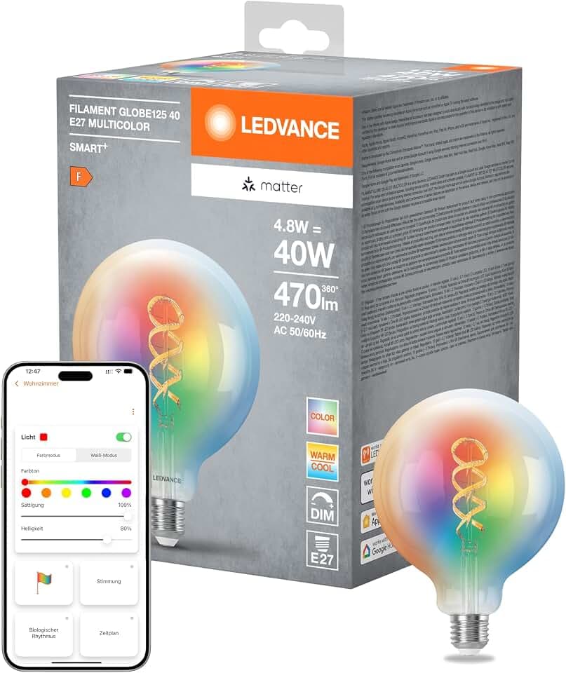 LEDVANCE SMART+ MATTER LED-Lampe, kompatibel mit Google, Alexa, Apple, Weißglas, 4,8W, 470lm, E27, Farblicht & Weißlicht, App- oder Sprachsteuerung, bis zu 15.000 Std. Lebensdauer, single pack
