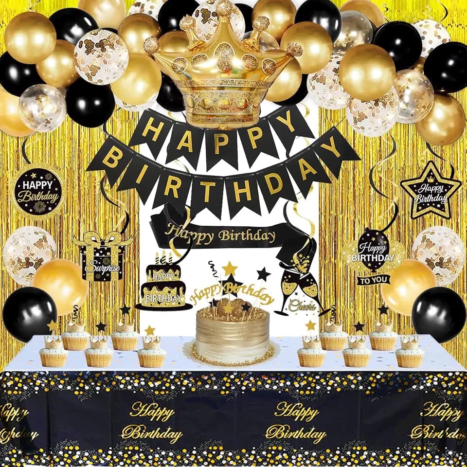 Black and Gold Birthday Decorations for Men Women, Black and Gold Party Decorations Include Crown Hanging Swirls Sach Tablecloth Cake Toppers Banner for Gold and Black Birthday Decorations for Dad