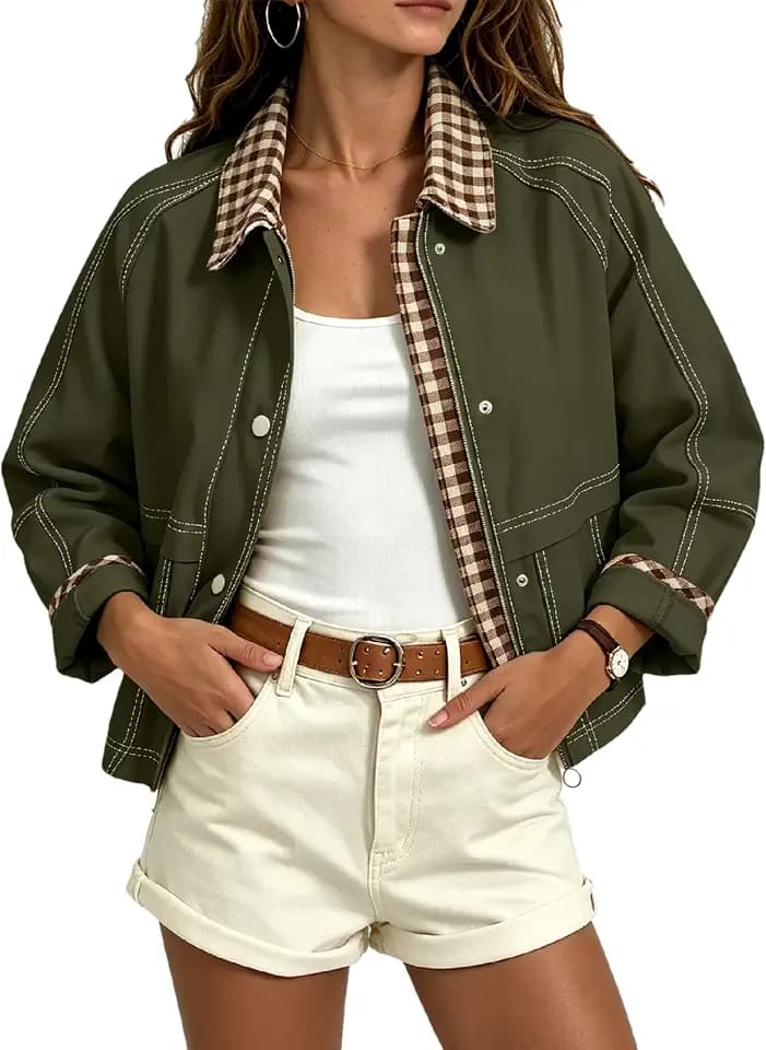 Aimiray Women's Barn Cropped Jacket Lightweight Vintage Plaid Bomber Coat