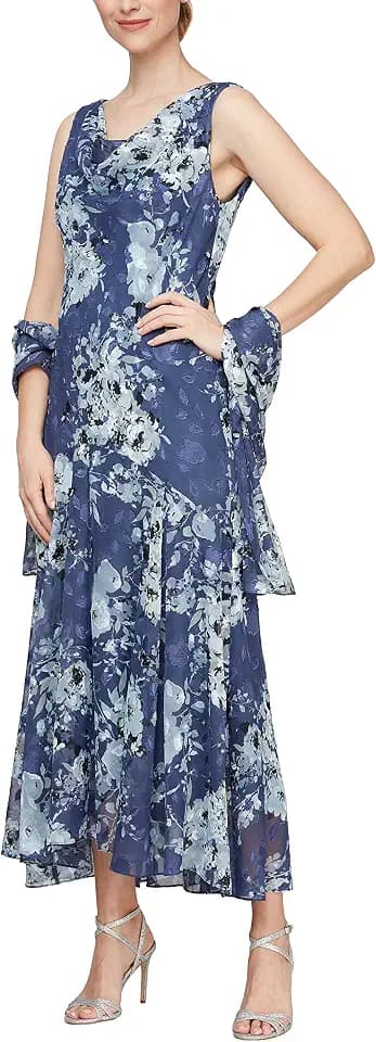 Alex Evenings Women's Formal Sleeveless Cowl Neck Floral Print Gown with Shawl, Wedding Guest, Mother of The Bride Dress
