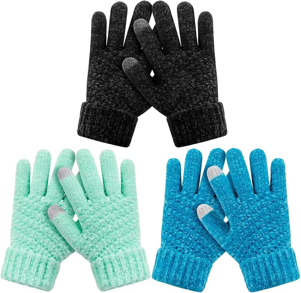 HAITHO Handschuhe Kinder Winter 3 Paar, Chenille Stricken Kinder Handschuhe mit Fleece Gefütterte, Handschuhe Jungen Touchscreen Kleinkind Handschuhe für Teenager, Mädchen und Jungen