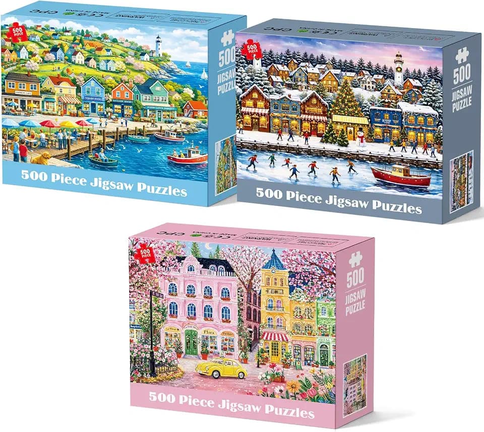 3 Pack 500 Piece Puzzles for Adults Colorful Scenic Jigsaw Puzzle Set Winter Village Seaside Town Puzzles for Teens Seniors, Cottage Landscape Puzzle Letters on Back, Challenging Family Game Gift