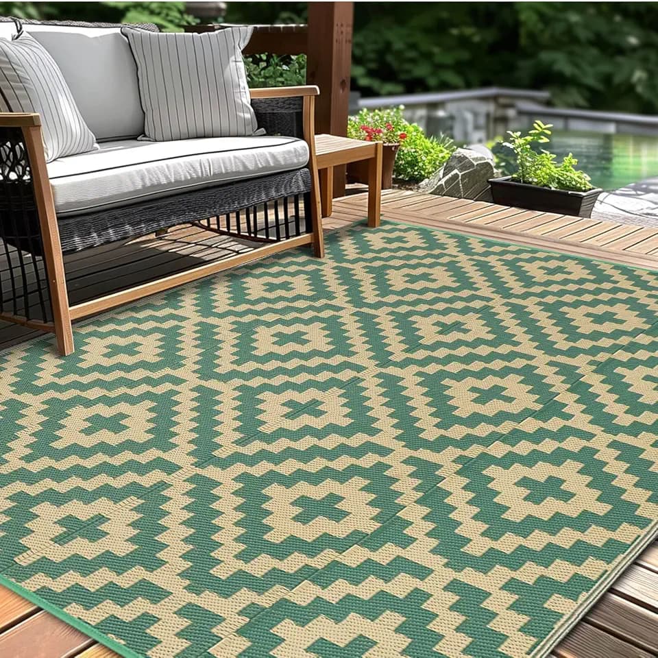Kalafun Outdoor Patio Plastic Straw Rug, 5x8 ft, Green Yellow