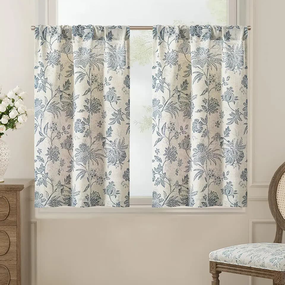 jinchan Floral Linen Kitchen Tier Curtains 24 Inch 2 Panels Blue on Beige