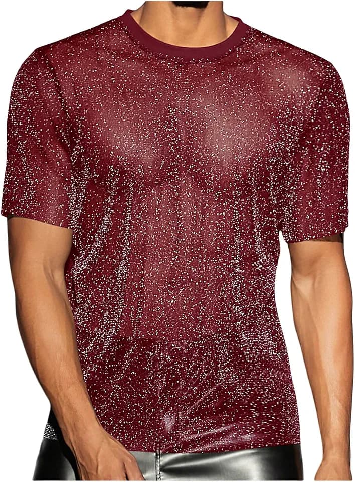 WDIRARA Men's Glitter Mesh Sheer T Shirt See Through Short Sleeve Shirt