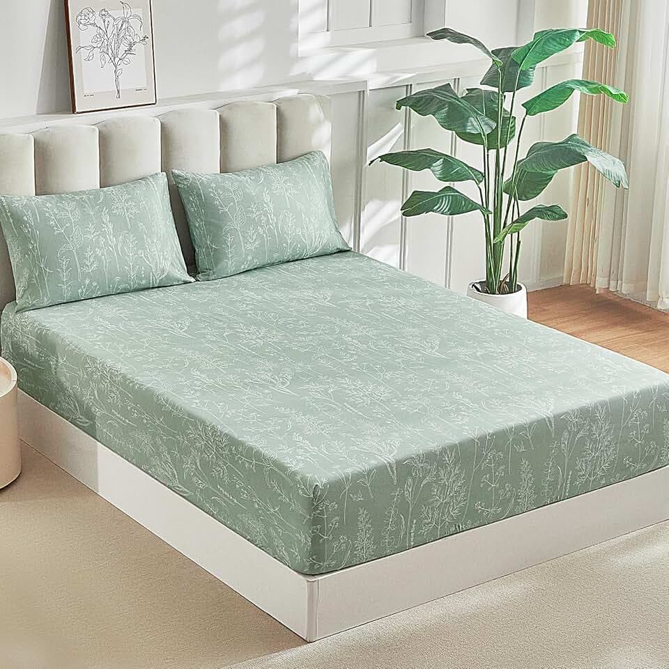Tokokimo Spannbettlaken 160x200cm - Salbei Grün - Zweig und Blumenmuster Design - 35 cm Tiefe Tasche, mit 2X Kissenbezügen 80x80cm mit Reißverschluss