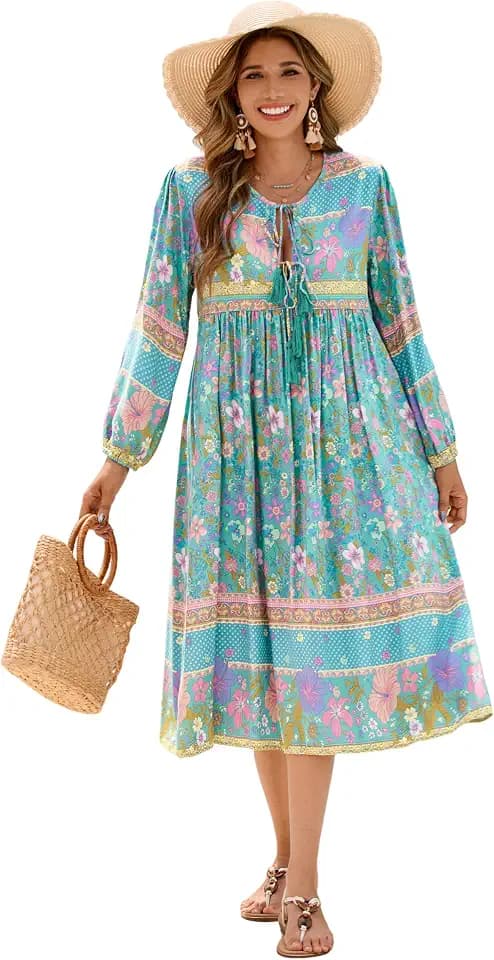 R.Vivimos Damen Beiläufig Bohemien Drucken Krawatte Langarm Strand Stil Lang Midi Urlaub Kleid