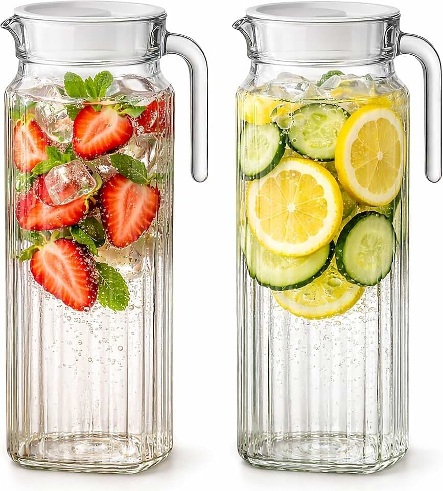Glass Pitcher with Lid – 2 Pack 34 oz Glass Water Pitcher with Handle, Ribbed Glass Container with Lid and Vented Spout for Fridge Shelf, Iced Tea, Lemonade, Juice