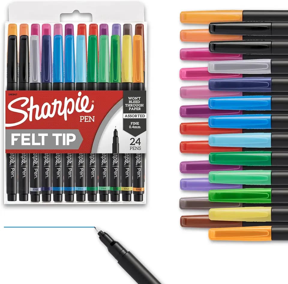 Sharpie Felt Tip Pens, Fine Point (0.4mm), Assorted Colors, 24 Count - Perfect for Journaling, Drawing, Arts & Crafts