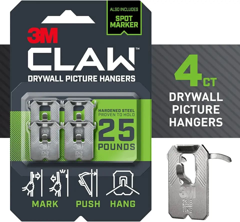 3M Claw 25 lb. Drywall Picture Hanger with Spot Markers, Heavyweight Hanging Solution for Room Decor and Office Decor, Including Mirrors or Large Art – 4 Pack