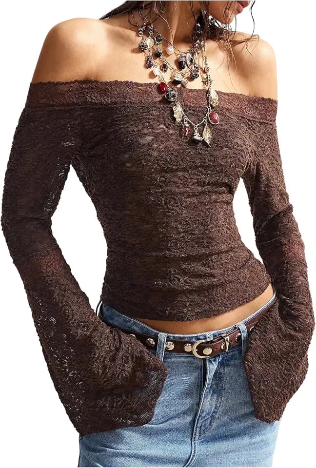 BEAUDRM Women's Lace Off The Shoulder Tops Boho Western Bell Sleeve Top