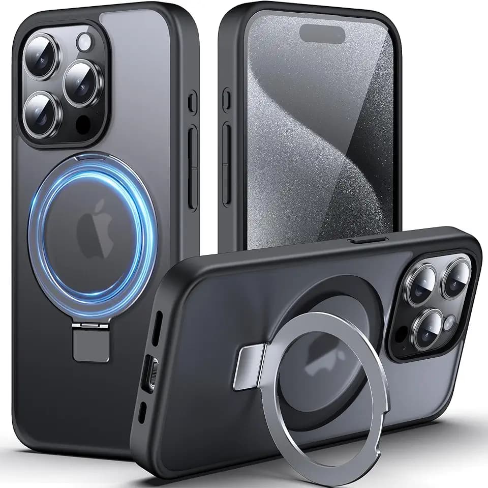 DASFOND für iPhone 15 Pro Hülle mit MagStänder, [Kompatibel mit MagSafe] Militär Handyhülle Stoßfest und Kratzfest, Magnetische Matte Case Schutzhülle mit Ringhalter, Schwarz