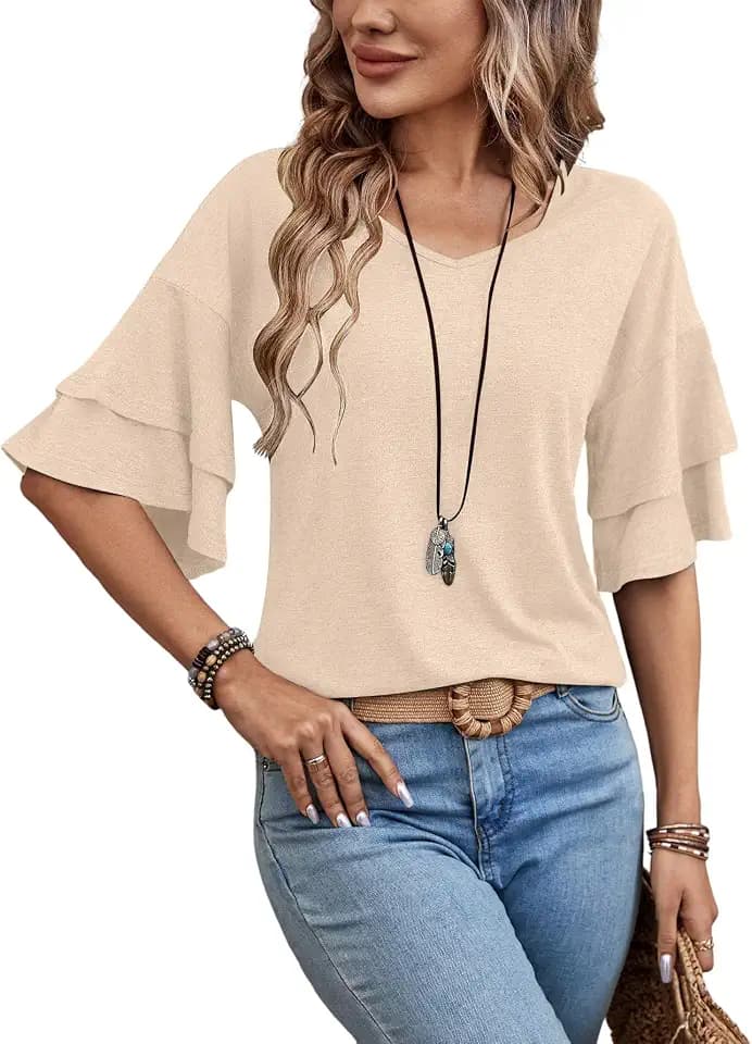 Sialois 3/4 Length Sleeve Tops Womens Blouses Ruffle V Neck Shirts Casual Tunic Spring Fall Clothes