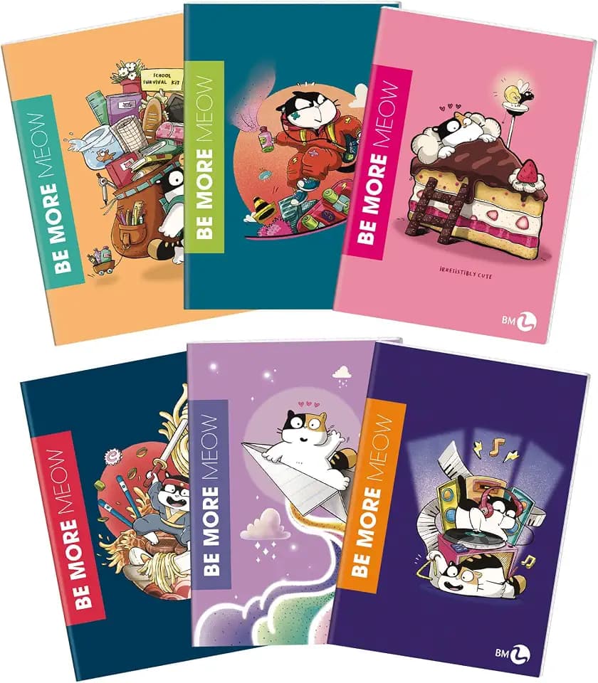 BM BeMore Meow Maxi-Notizbücher, 4 mm, A4, kariert, ohne Rand, 10 Stück, mit verschiedenen Deckblättern, Katzenmotiv, 72 Seiten, 100 g Papier, ideal für Mittel- und Oberschulen