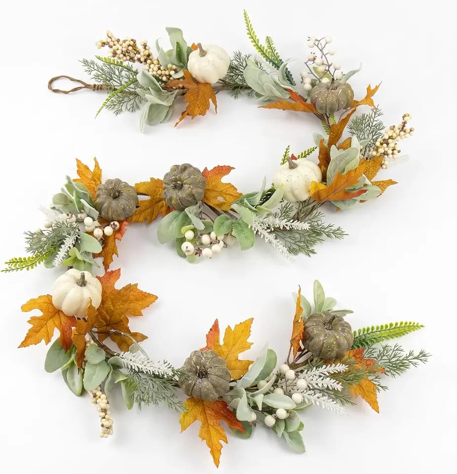 JINGHONG 6FT Fall Garland for Mantle with Pumpkins Berries Lamb Ears Leaves Thanksgiving Vine Pumpkin Garlands for Autumn Harvest Table Centerpieces Fall Decorations for Home Porch Fireplace Decor