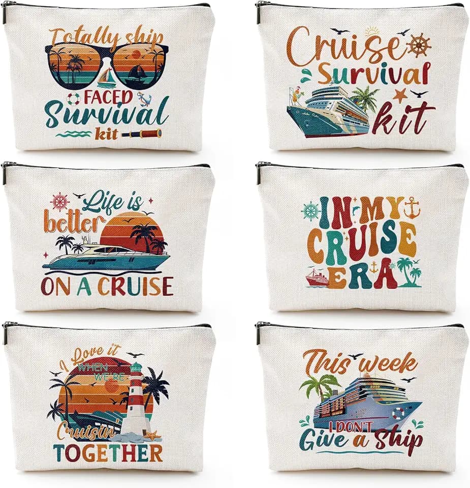 Sitsink Cruise Essential Gifts for Women - 6 Pcs Waterproof Cruise Gift Exchange Ideas Cosmetic Bag Pouch, Life Is Better Cruise Gifts Alaska Souvenir Must Haves