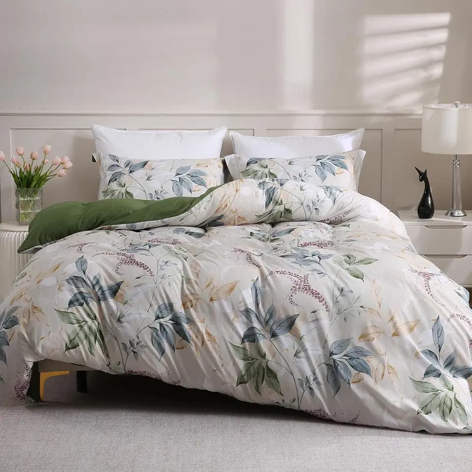 LONAVA Queen Botaincal 3 Pcs Duvet Cover Set, Breathable Soft Microfiber Forest Green Lining Comforter Cover with Zipper Closure, and 2 Anti-Pilling, Fade Resistant Pillowcases, Lavender