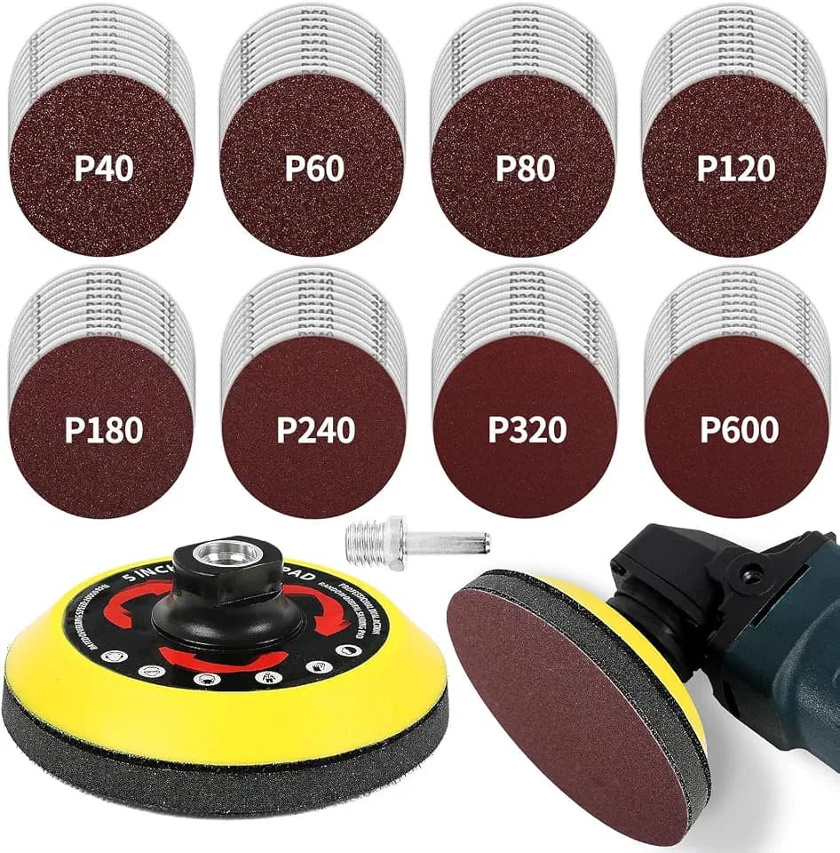 Pomsare Schleifscheiben-Set 125mm Klett für Winkelschleifer - 80 Stück Schleifpapier mit M14 Schleifteller und Schaft - Winkelschleifer Zubehör für Holz und Metall - Verbesserte Version