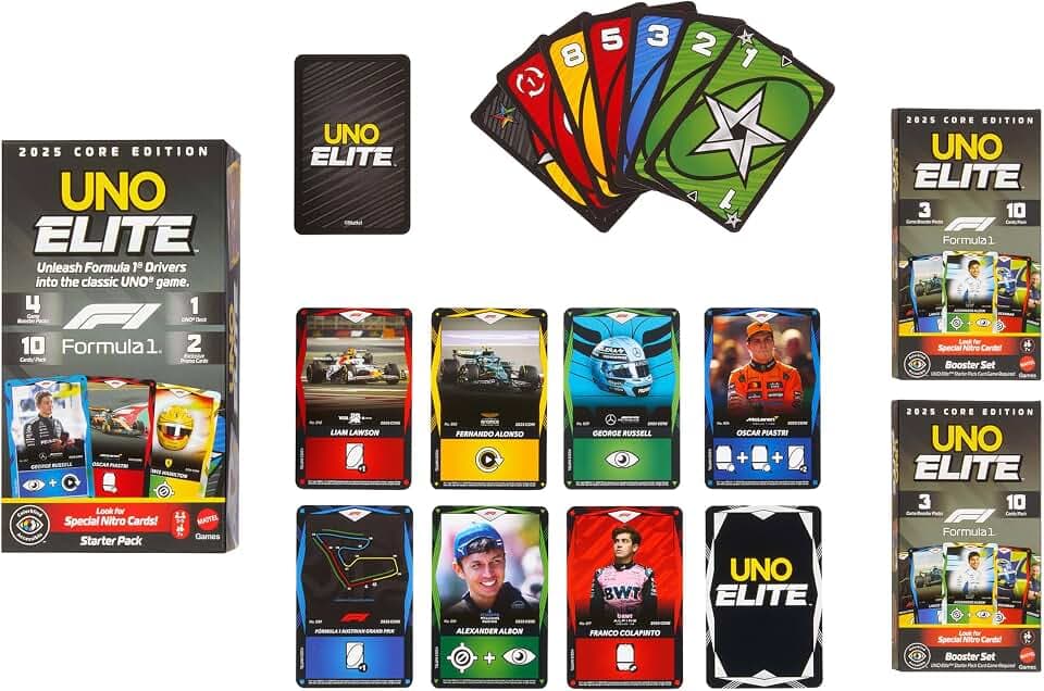 Mattel Games UNO Elite Formel 1 2025 Booster Set 2er-Pack, ab 7 Jahren