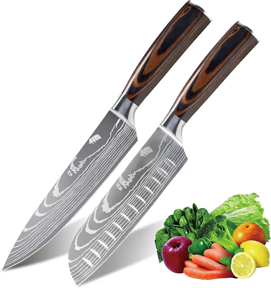 Profi Kochmesser Küchenmesser 20cm+Santoku Messer 17cm,Allzweckmesser aus hochwertigem Carbon Edelstahl, Extra Scharfe Messerklinge mit ergonomischer Griff
