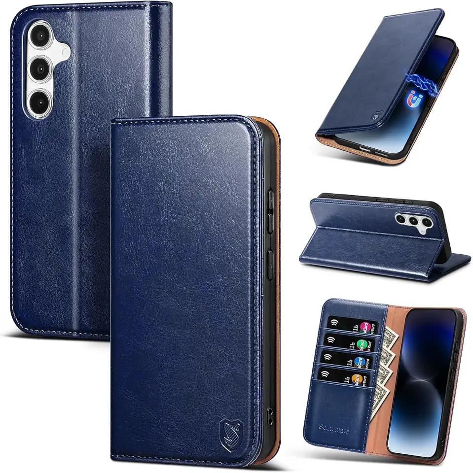 Compatible with Samsung Galaxy S25 Case Wallet with Card Holder [4 Card Slots] Kickstand [RFID Blocking] PU Leather Phone Case Flip Folio Protective Cover TPU Shockproof,Blue