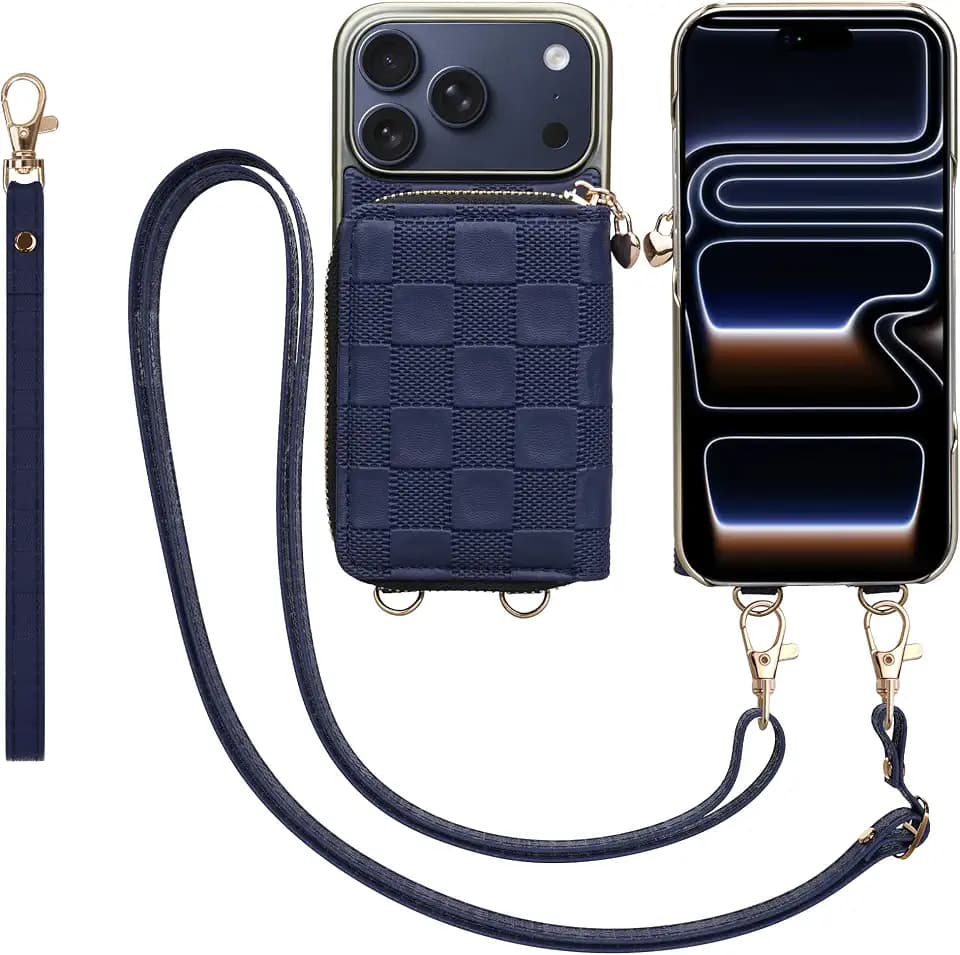 for iPhone 18 Pro/iPhone 17 Pro 6.3'' Wallet Case, Crossbody Zipper Purse with 4 Card Slots RFID Blocking, Lanyards & Wrist Straps, Flip Leather Folio Cover with Kickstand, Blue