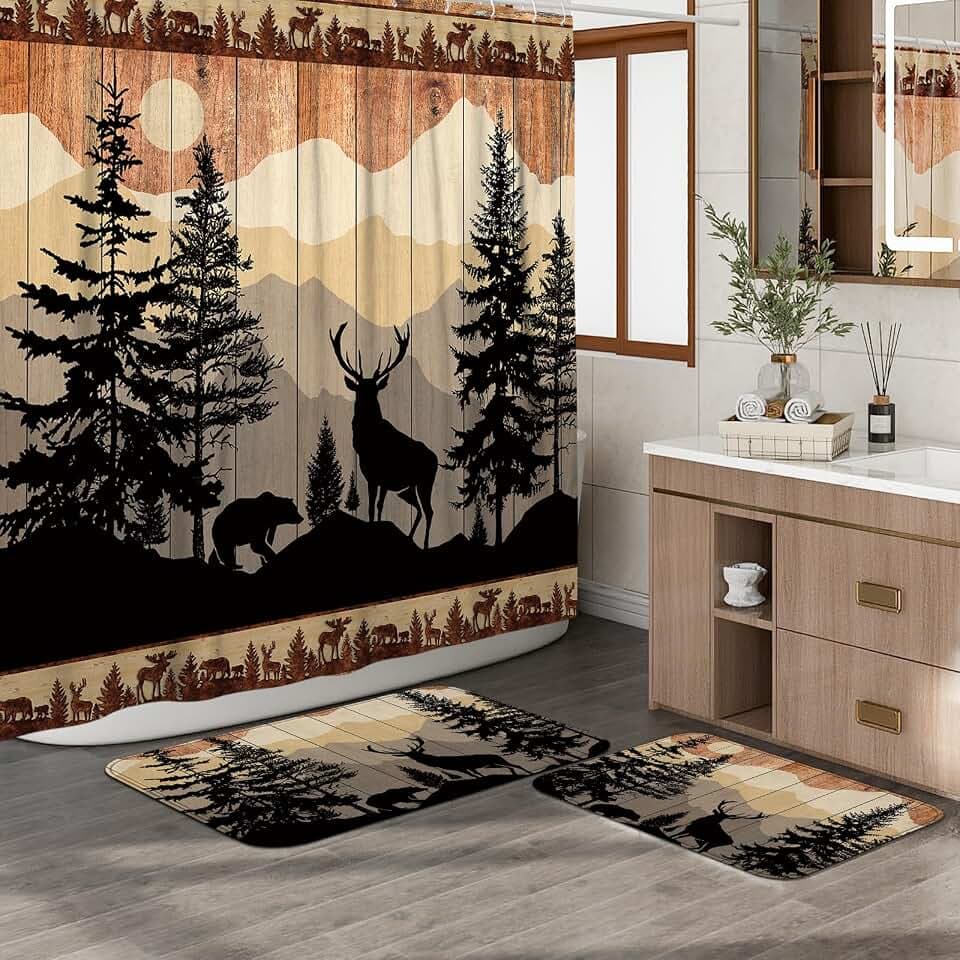 3Pcs Rustic Deer Bathroom Sets with Shower Curtain and Rugs, 72'' Shower Curtain and Two Non-Slip Washable Bath Mats (15.7''x23.6''&19.7''x31.5''), Cabin Farmhouse Bathroom Decor