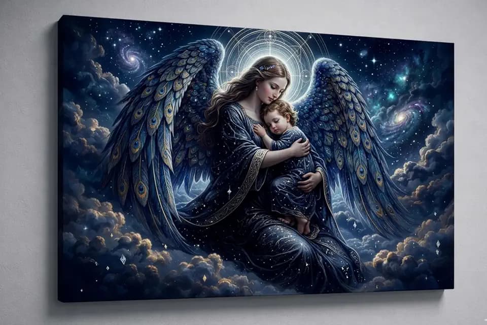ICE ARMOR Large Celestial Angel Embrace Canvas Wall Art 24x36 Inch Frameless- Painting Print Inspiring Christian Wall Art for Living Room, Bedroom –Religious Artwork – Ready to Hang