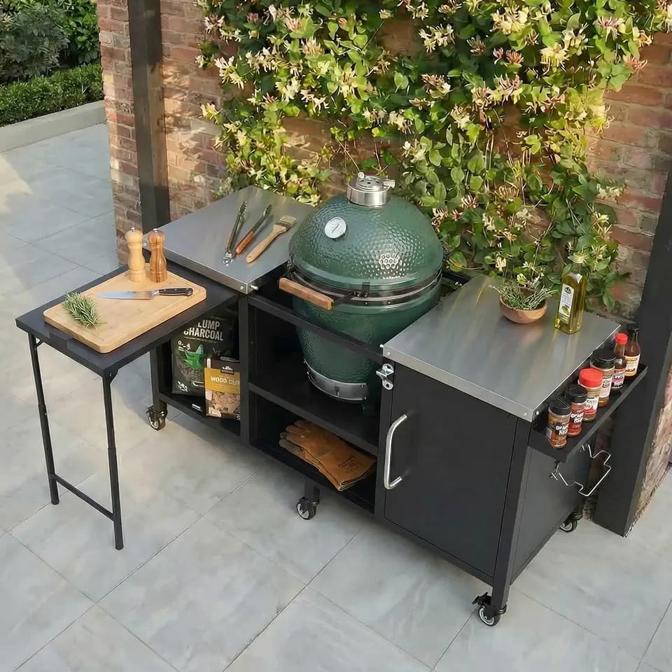 Merax 72.4" Large Outdoor Grill Table for Large Big Green Egg, Metal Grill Cart with Fold-Out Prep Table & Adjustable Shelves & Spice Rack, Patio Kitchen Island on Wheels, Ample Storage Space, Black