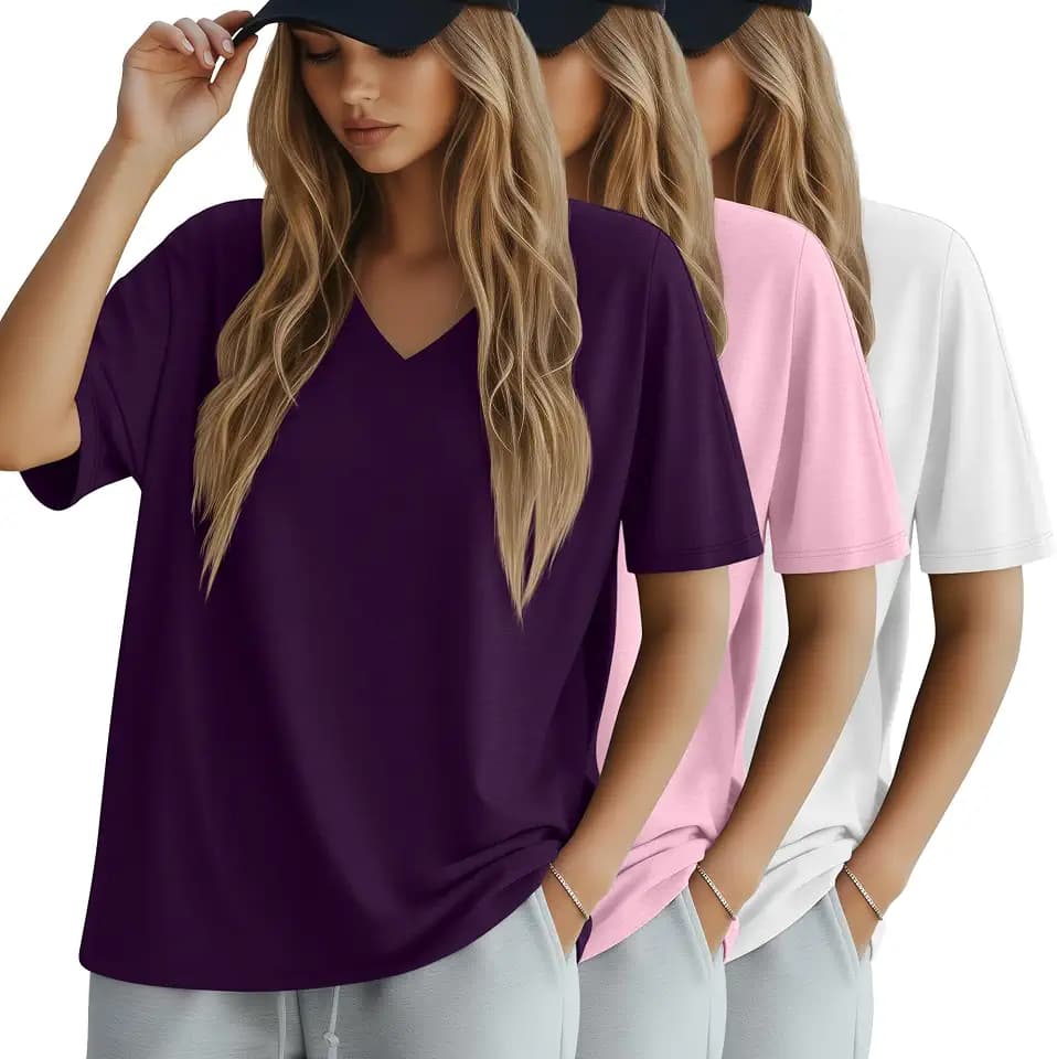 Huukeay 3 Pack Women's Oversized Cotton Shirts V Neck Summer Top