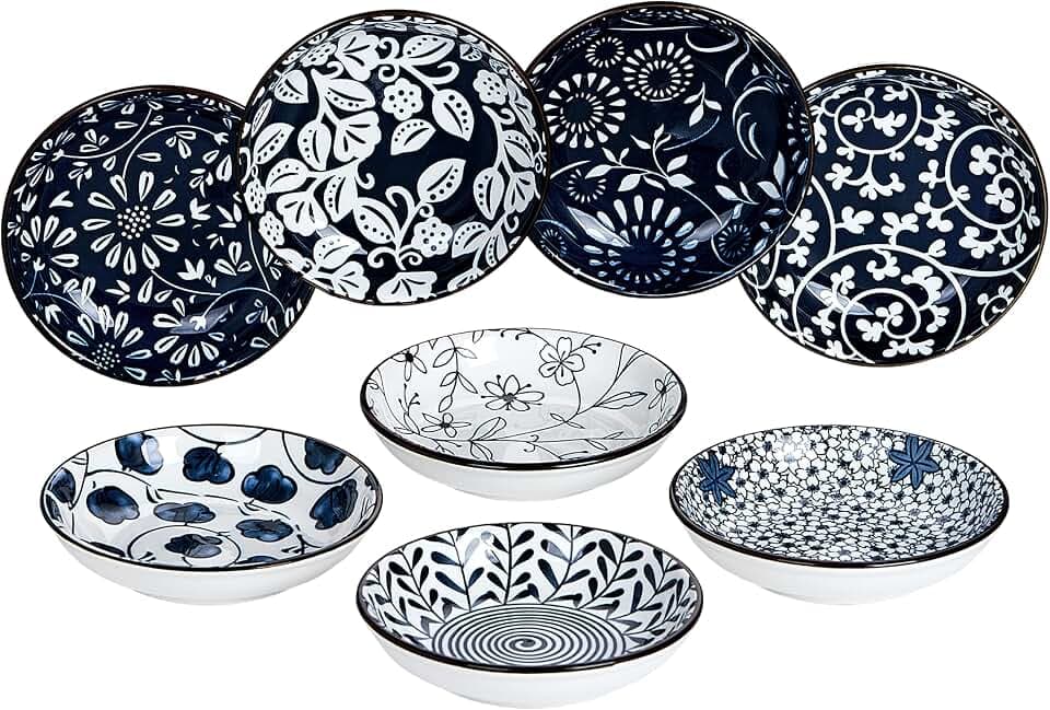 Keramik dipschalen im Japanisch,Blau und Weiß 90ml Saucenschalen für Sushi, Saucen, Snack,Öl und Soja sauce 8er Pack, rund klein dip schalen (10 cm)