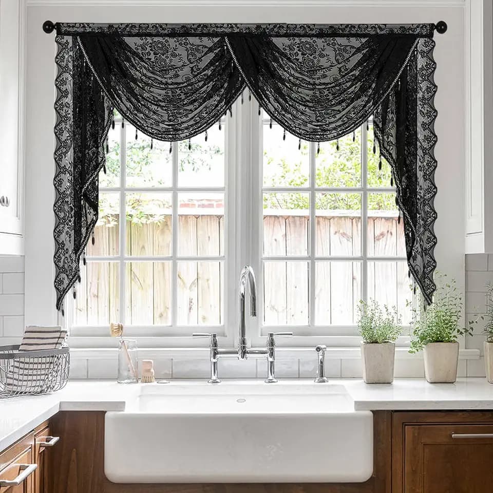 vctops Lace Beaded Waterfall Valances for Windows Floral Vintage Swag Valance Sheer Kitchen Window Curtains Over Sink Curtain Valance for Living Room Bedroom Bathroom Cafe (Black,59"x41")