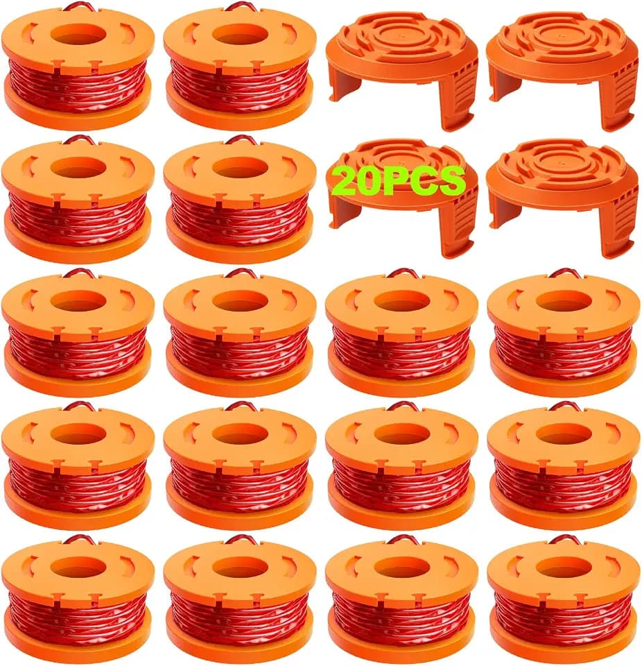 20 Päckchen Ersatz Rasentrimmer Spule Funktioniert Mit Worx Alle Rasentrimmer Mit 20V,1.65mm Durchmesser und 3m LäNge Fadenspule,EnthäLt 16 PäCkchen Rasentrimmer Faden und 4 PäCkchen Kappendeckel