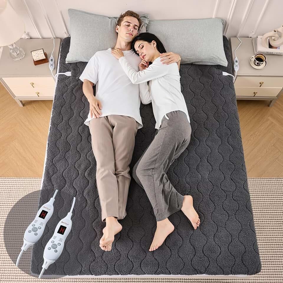 Bearhug Heizdecke 2 Pers. 135x190cm Sherpa Grau 200g/m² Ultraweich 45cm Tiefe 2 Zonen, 10 Stufen + Timer 12h CE Sicherheit Waschmaschinenfest