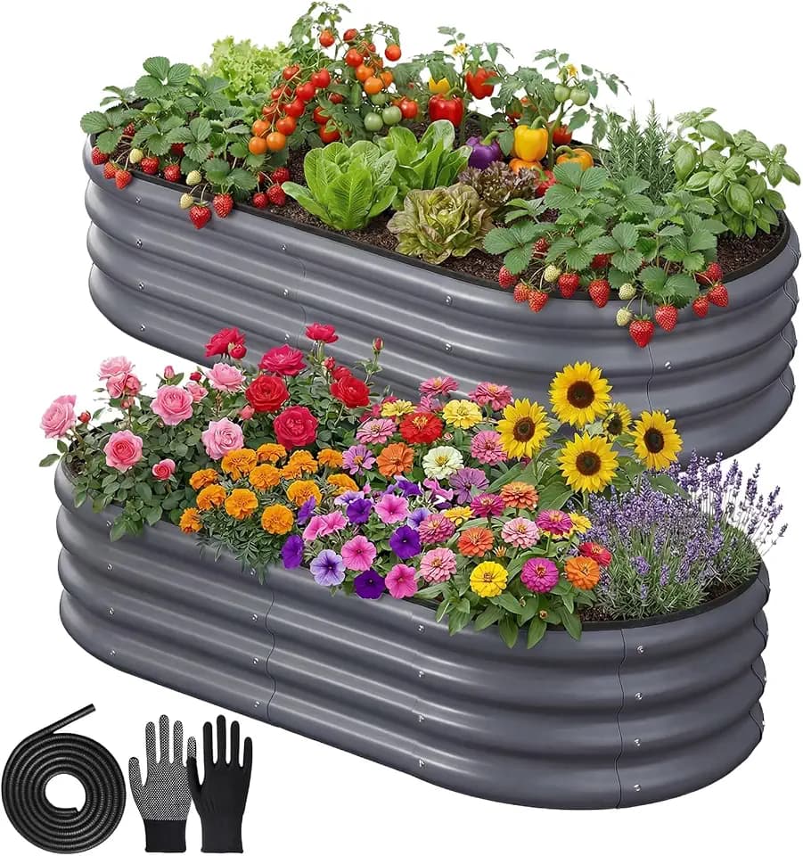 2PCS 4x2x1 FT Oval Metal Raised Garden Bed Kit, Open Bottom Design Elevated Garden Planter Box Outdoor, Trough Planter for Outdoor Plants, Flower, Vegetables, Fruit, Herbs (Dark Gray)