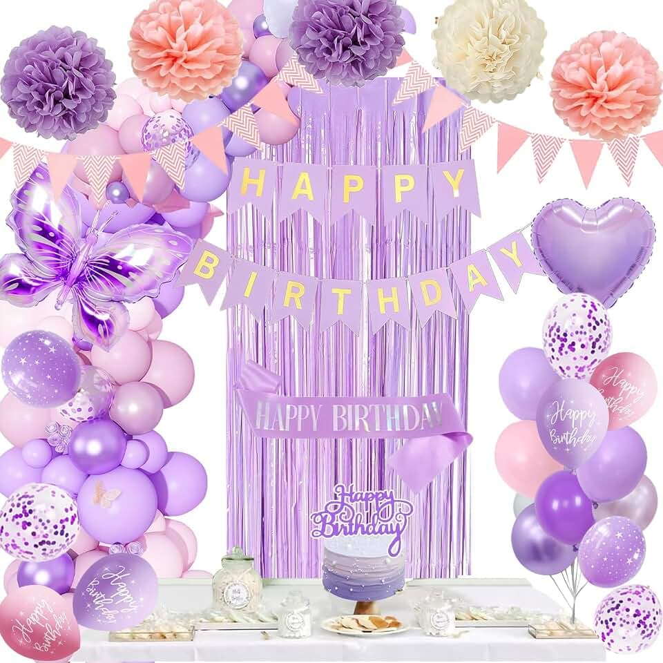 Geburtstagsdeko Lila Rosa Party Deko Geburtstag für Frauen Mädchen Geburtstag Deko mit Happy Birthday Banner, Konfetti Luftballons, Lametta Vorhänge, Geburtstags Schärpe Pompons