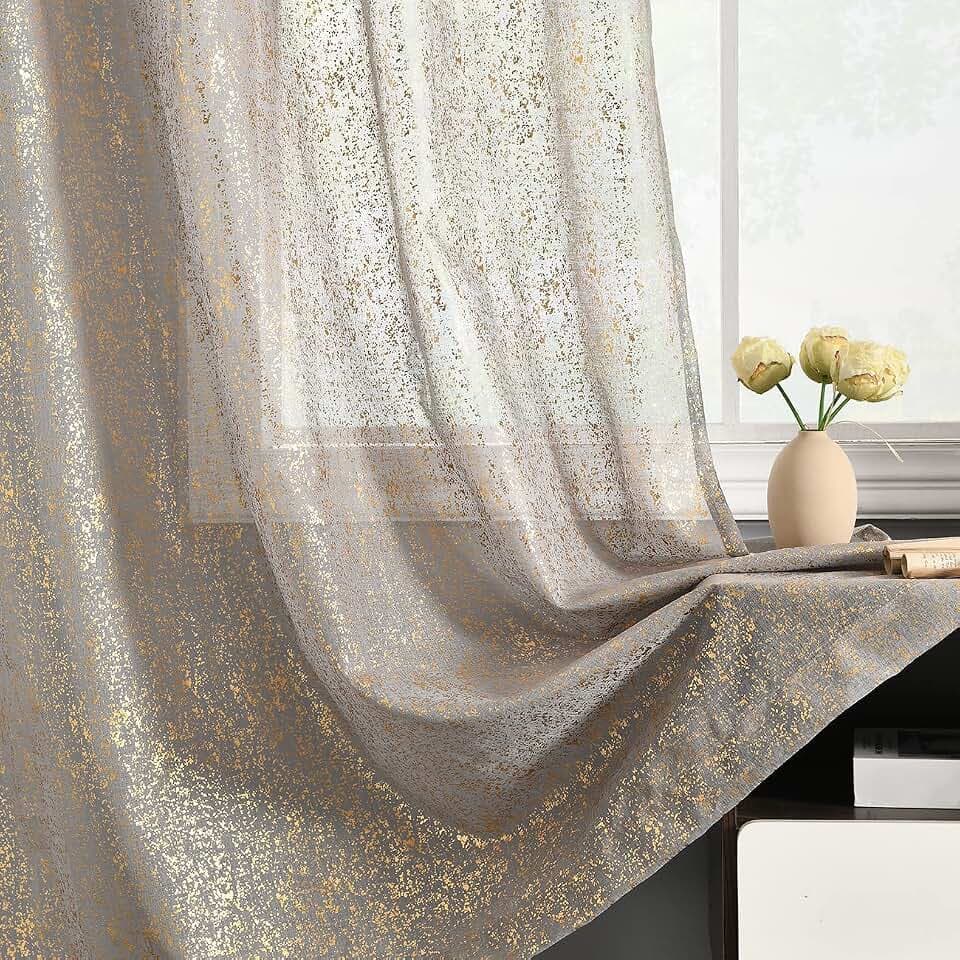 TERLYTEX Grey Sheer Curtains with Gold Foil Dots, W52 x L84 Inches