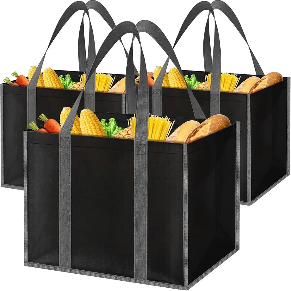 Reusable Grocery Bags for Shopping with Long Handles, 3 Pack, Black
