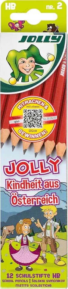 JOLLY Schulstifte HB Nr. 2, Kindheit aus Österreich Edition, 12 Stück, Graphitstifte für Schreiben, Zeichnen, Notizen, Vorratspackung, sechseckig, bruchsicher, ergonomisches Design